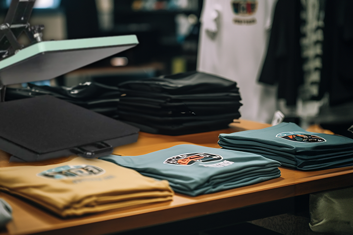 shirts with custom graphics on a table next to heat press machine