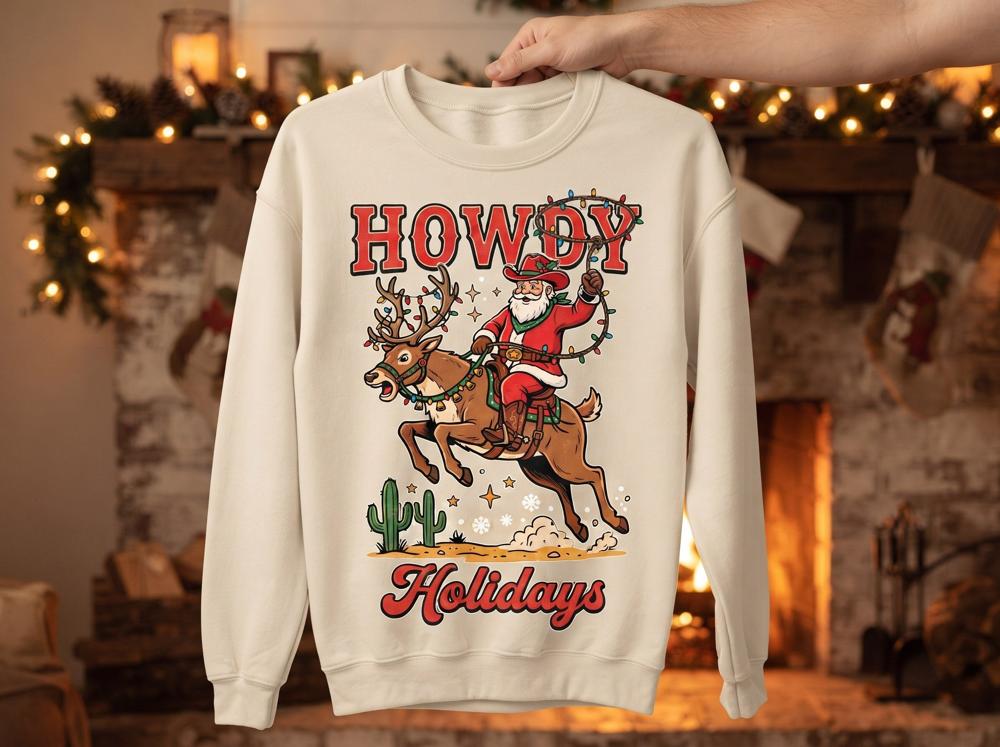 Howdy Holidays cowboy Santa DTF transfer pressed on a crewneck by a fireplace