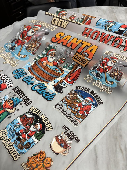 Real photo: close-up of printed Christmas DTF transfer rolls