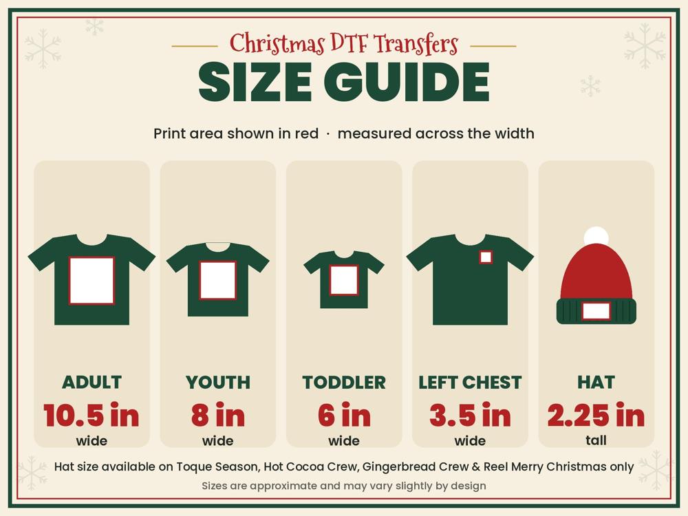 DTF transfer size guide: adult, youth, toddler, left chest and hat