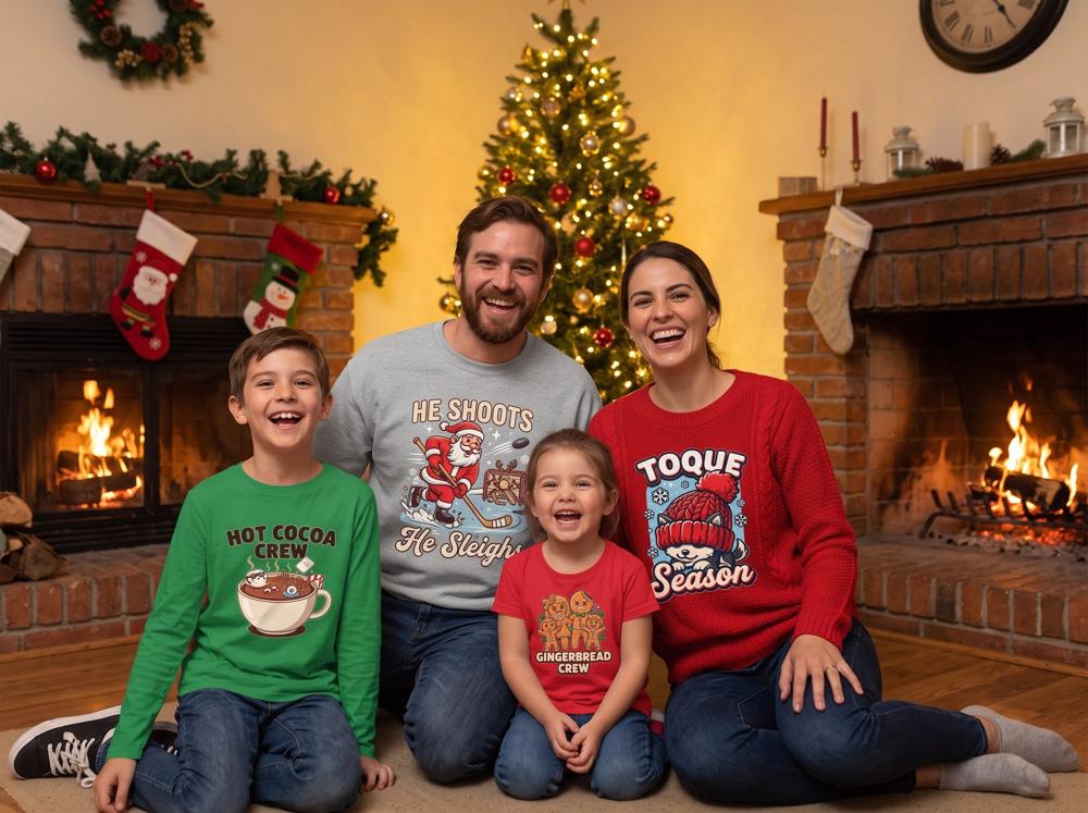Family wearing matching Canadian Christmas shirts made with YSSDTF transfers