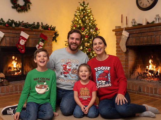 Family wearing matching Canadian Christmas shirts made with YSSDTF transfers