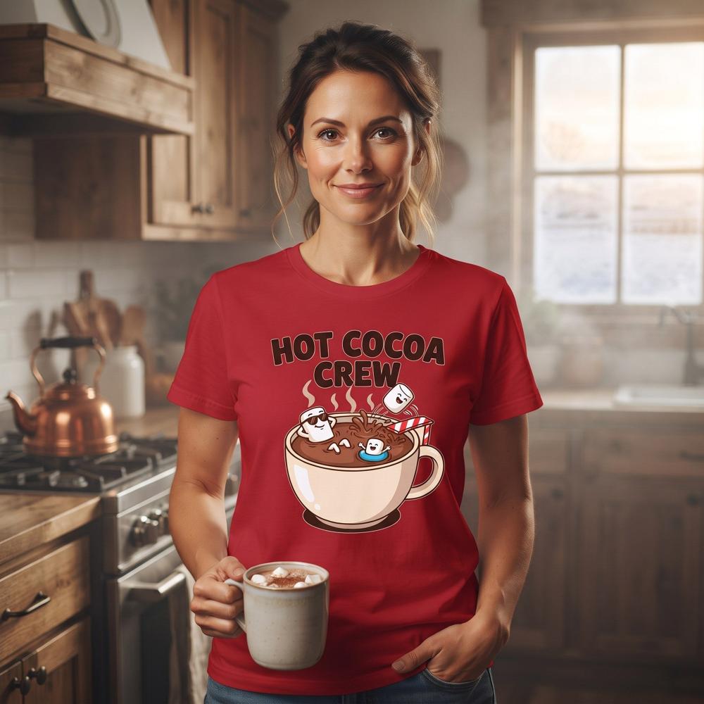 Hot Cocoa Crew Christmas DTF transfer pressed on a t-shirt