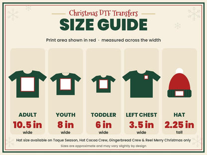 DTF transfer size guide: adult, youth, toddler, left chest and hat