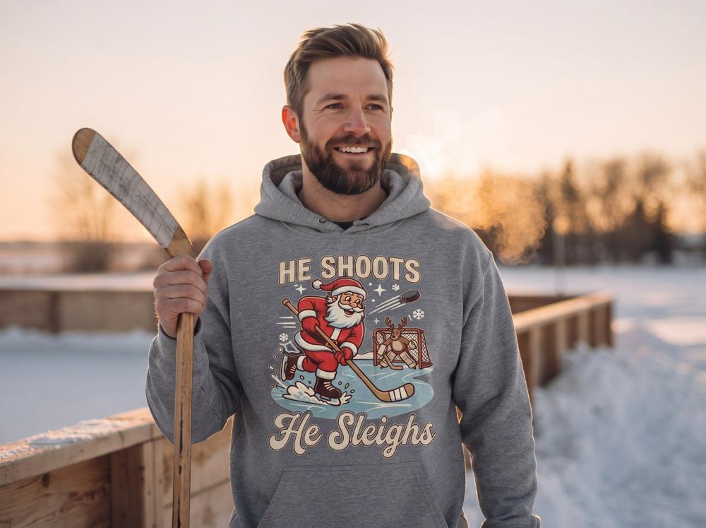 He Shoots, He Sleighs DTF transfer pressed on a hoodie