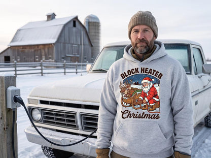 Block Heater Christmas DTF transfer pressed on a hoodie