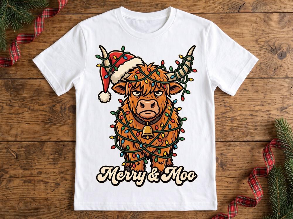 Merry & Moo DTF transfer pressed on a white t-shirt
