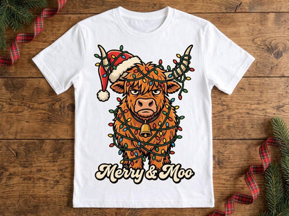 Merry & Moo DTF transfer pressed on a white t-shirt
