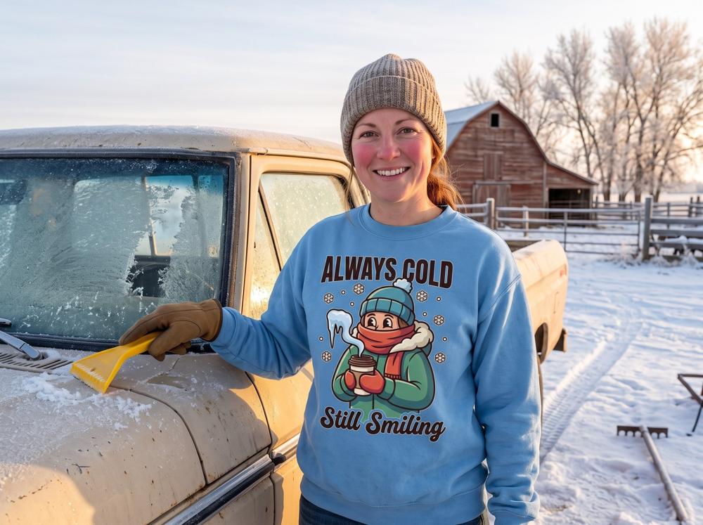 Always Cold, Still Smiling DTF transfer pressed on a crewneck sweatshirt