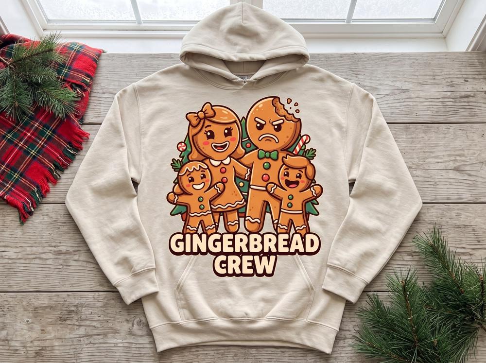 Gingerbread Crew DTF transfer pressed on a hoodie