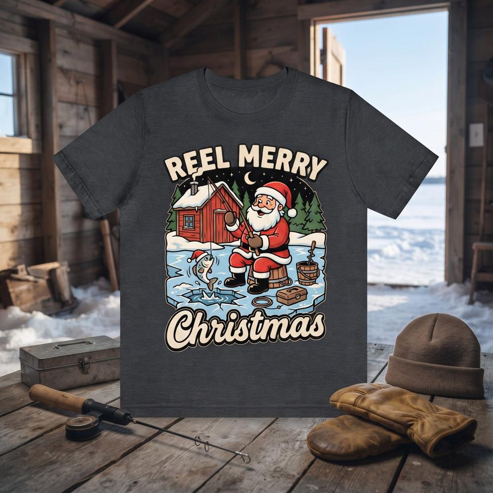 Reel Merry Christmas DTF transfer pressed on a t-shirt